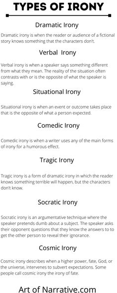 four types of irony are shown in black and white, with the text above them