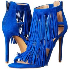 Suede Dress Cage Sandals With Fringe In A Gorgeous Cobalt Blue Color. -Rear-Zip Closure -Suede -Synthetic Sole -Approx. Heel Height: 4” Condition: New In Box From A Smoke-Free Home. Offers Welcome Royal Blue Party Heels For Spring, Blue Heels For Spring Night Out, Spring Blue Heels For Night Out, Blue Heels For Night Out In Spring, Royal Blue Evening Heels For Summer, Royal Blue Pointed Toe Heels For Spring, Blue Platform Shoes, Blue Shoes Heels, Fringe Shoes