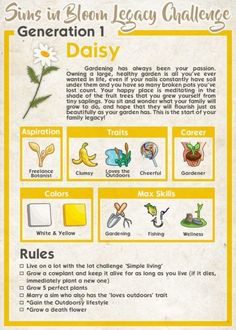 a poster with instructions on how to use the sun in bloom legacy challenge daisy's garden