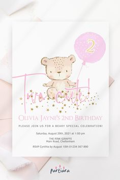 a birthday card with a teddy bear holding a balloon and the number two on it