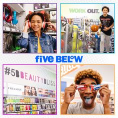 four different pictures with the words five below them, and an image of a woman holding a candy bar in front of her face