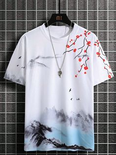 Men Plus Size Casual Short Sleeve T-Shirt With Colorful Floral & Landscape Graphic Print, For Going Out White Casual  Short Sleeve Fabric Landscape Print  Slight Stretch Summer Men Plus Size Clothing, size features are:Bust: ,Length: ,Sleeve Length: Cool Shirt Designs, Trendy Shirt Designs, Stylish Hoodies, Streetwear Mode, Dope Outfits For Guys, Shirt Design Inspiration, Men Stylish Dress, Guys Clothing Styles, Men Plus Size