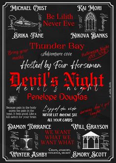 the poster for devil's night is shown in black and white with red lettering