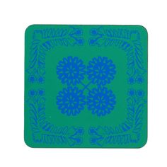 a square blue and green plate with flowers on it