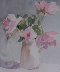 a watercolor painting of pink roses in a cream colored vase on a white surface