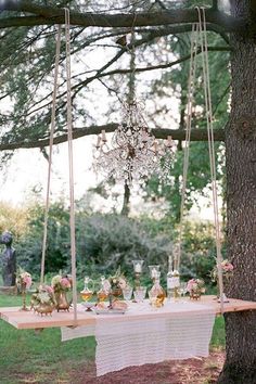 a table that has some food on it and is hanging from a tree in the grass