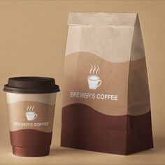 a coffee bag next to a cup of coffee on a table with a brown background