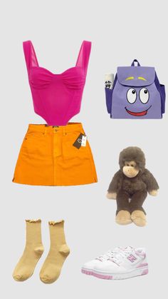 an assortment of items including a backpack, teddy bear and shoes