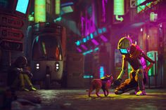 a man in yellow and orange is walking with two small dogs on the street at night