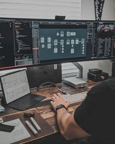 a man sitting at a desk in front of two computer monitors with screens on them