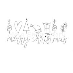 merry christmas card with handwritten lettering and presents on the bottom right corner in black ink