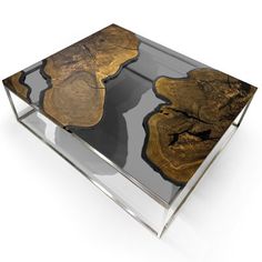 a glass table topped with wood slices