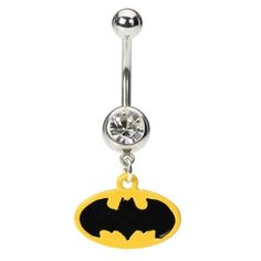 a pair of yellow and black batman belly button navel barbell ring with crystal