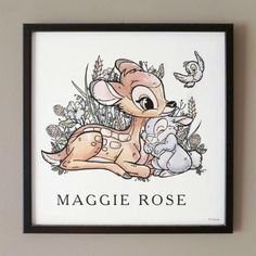 a framed drawing of a baby deer and an adult animal with the name maggie rose on it