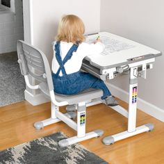 This aweomse interactive desk and chair station combines fun and safety for kids of varying age and size.Features Ergonomics - Comfortably designed and height adjustable to avoid unhealthy slouching Age Recommendation - This desk and chair station is recommended for children ages 3-10. Both desk and chair have a height adjusting system that grows with your child Material - Both desk and chair have solid steel frames for sturdiness and stability Storage - Large organized pull out drawer for stori Childrens Desk And Chair, Kids Table Chair Set, Kids Study Desk, Smart Desk, Childrens Desk, Height Adjustable Desk, Homeschool Supplies, Desk And Chair, Kids' Desk