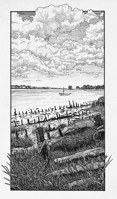 a black and white drawing of a landscape with clouds in the sky over water, grass and logs