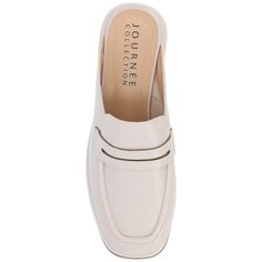 Meet Antonina, the stylish and comfortable loafer flat by Journee Collection that's perfect for any casual occasion. Made from vegan leather and featuring a square toe, Antonina showcases a 90s-inspired chunky 2 1/4 in platform heel and slip-on mule design that's perfect for achieving an Ivy League look. With a 4 mm Tru Comfort Foam™ insole, Antonina ensures a comfortable fit all day long, making it a versatile and must-have addition to your shoe collection. Beige Square Toe Loafers For Spring, Summer Business Casual Flat Heel Loafers, Summer Business Casual Loafers With Flat Heel, Spring Synthetic Slip-ons For Business Casual, Spring Business Casual Slip-ons With Cushioned Footbed, Square Toe Summer Loafers For Office, Square Toe Loafers For Office In Summer, Square Toe Loafers For Summer Office Wear, Spring Loafers With Branded Insole And Square Toe