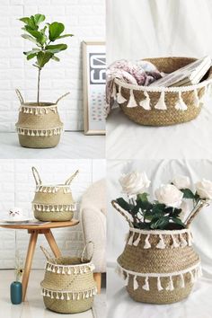 three pictures of baskets with flowers in them and one has a potted plant on it