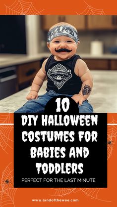 a baby dressed as a biker with the title “10 DIY Halloween Costumes for Babies and Toddlers,” featuring a spider web-themed orange background. Funny Baby Halloween Costumes, Diy Baby Halloween Costumes, Funny Baby Costumes, Boys Halloween Costumes Diy, Diy Baby Costumes, Costumes For Babies