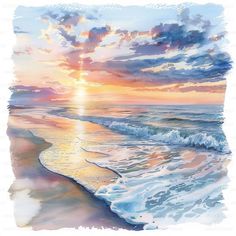 watercolor painting of the sun setting over the ocean with waves crashing on the beach