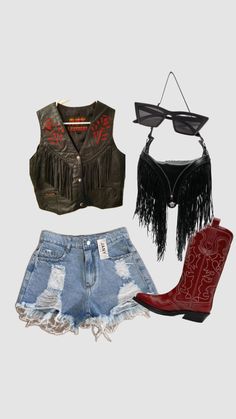 #summeroutfits #summer2024 #vibes #biker #yallternative #concert #concertaesthetic #concertvibes #womensfashion #alternative How To Become Fit, Cowgirl Style Outfits, Brown Fringe, Cute Country Outfits, Suede Shorts, Cardigan Brown, Rodeo Outfits, Fringe Vest