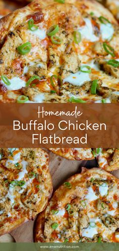 homemade buffalo chicken flatbread pizzas on a cutting board