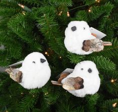 three stuffed birds are hanging from a christmas tree