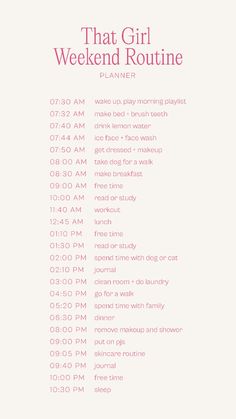 Transform your weekends with "That Girl • Weekend Routine Planner"! 🌸✨ Plan your days with self-care, productivity, and relaxation tips. Be the best version of yourself every weekend! 🗓️💖 #ThatGirl #WeekendRoutine #SelfCare #Productivity #WeekendVibes #PlannerAddict #HealthyHabits #GlowUp Day Off Morning Routine, Schedule For Weekends, Things To Add To Your Daily Routine, Good Weekend Morning Routines, Productive Day Checklist, Self Care Day Schedule, Cute Morning Routine List, Morning Planning Routine, That Girl Summer Day Routine