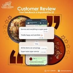 an advertisement for the customer review on their phone and food in front of them with stars