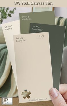 someone holding up some paint swatches in their hand with the words sw 751 canvas tan