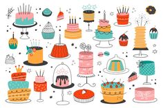 many different cakes and cupcakes are arranged in the shape of a circle on a white background