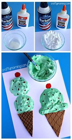 ice cream sundaes are being made with green icing