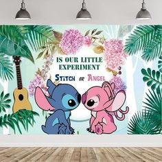 the wall mural is decorated with pink and blue flowers, an elephant and a guitar