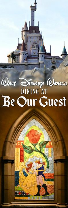 the entrance to disney's dining at be our guest with an image of sleeping beauty