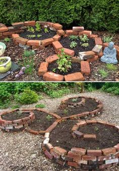 the garden is made out of bricks and has plants growing in it