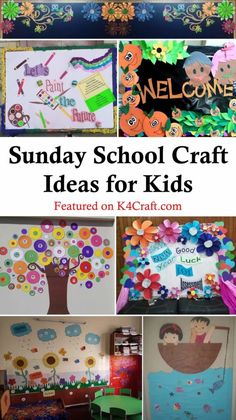 several different pictures with the words sunday school craft ideas for kids on them and below