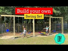 two children playing on a swing set with a sign above it that says build your own