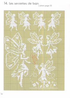 a cross stitch pattern with angels and flowers on yellow paper, as well as an orange heart