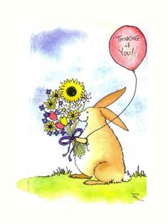 a rabbit holding a bouquet of flowers and a balloon with the words thinking you written on it