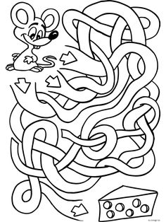 a cartoon mouse is trying to find his way through the mazes in this coloring page