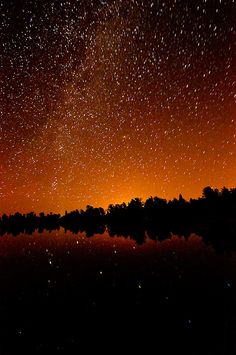 the night sky is filled with stars above water and trees in the foreground, as well as an orange glow