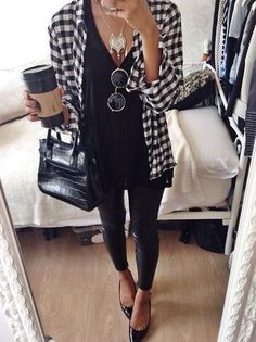 black and white plaid shirt with leather skinnies . Recreate the look and save on your favorite brands Plaid Flannel Shirt Outfit, Olivia Palermo, All Black Outfit, Fall Winter Outfits, Hippie Style