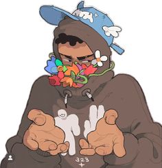 a person wearing a hoodie with flowers on their face and hands in front of them