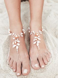 Exquisitely crafted PALOMA bridal barefoot sandals glitter beautifully with clear Swarovski Pure Brilliance Crystals and just a touch of natural freshwater pearls. Personally designed and created by NELIPOTS. This foot jewelry will enhance the simplest of outfits. Crafted in rose gold with adjustable length options. Se Sandals Glitter, Of Outfits, Foot Jewelry, Wedding Looks, Pet Hair, Paloma, Handmade Natural, Wedding Shoe, Freshwater Pearls