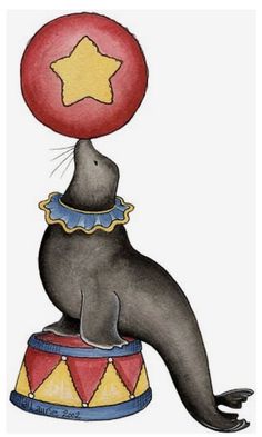 a drawing of a seal with a red ball on its head, sitting on top of a toy drum