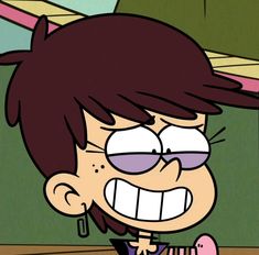 a cartoon character with glasses and a pink object in his hand, looking at the camera