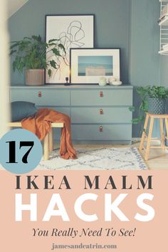 a bedroom with blue walls and furniture in the background text reads 17 ikea malm hacks you really need to see