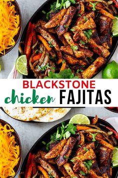 black stone chicken fajitas with shredded cheese and cilantro on the side