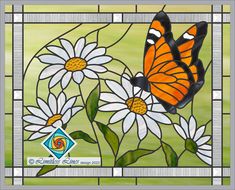 a stained glass window with white flowers and a butterfly on the flower, in front of a green background