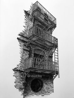 a black and white photo of a tall building with fire escapes on it's side